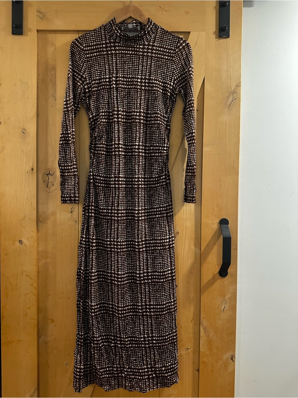 LOFT Brown and Cream Plaid Long Sleeve Mock Neck Midi Dress